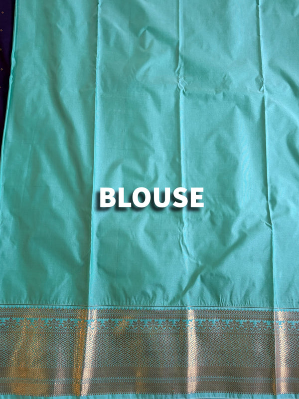 The Kadambari Vilasa: Royal Purple & Aqua-Cyan Kanchipuram Silk Saree