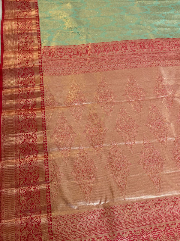 The Vasundhara Vilasa: Sage Green & Coral Red Kanchipuram Tissue Silk Saree