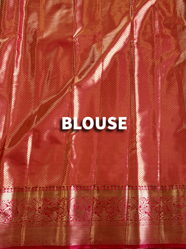The Vasundhara Vilasa: Sage Green & Coral Red Kanchipuram Tissue Silk Saree