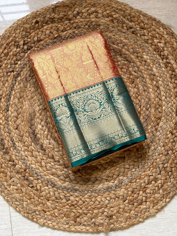 The Mridula Vilasa: Peach-Coral & Sea Green Kanchipuram Tissue Silk Saree
