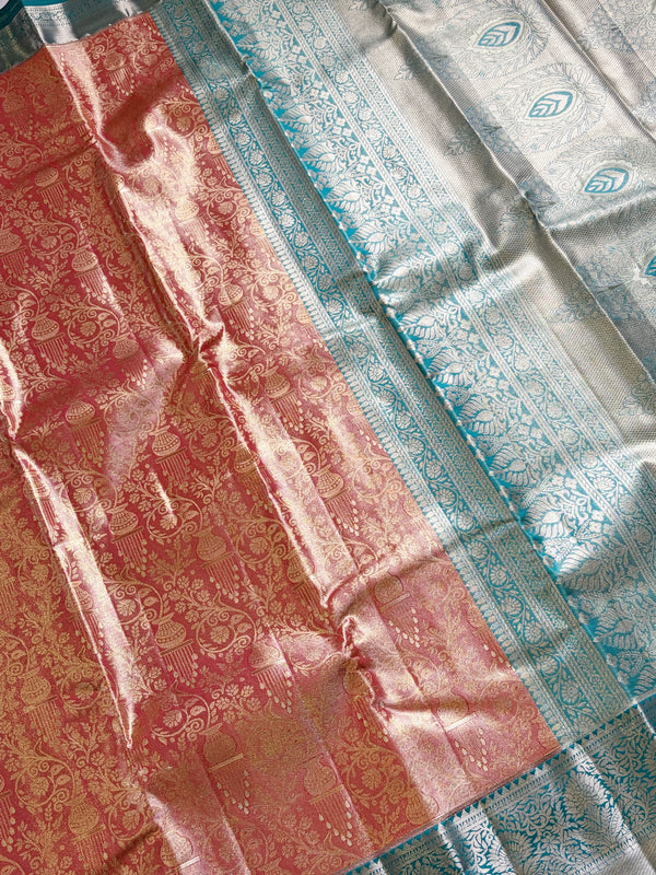 The Mridula Vilasa: Peach-Coral & Sea Green Kanchipuram Tissue Silk Saree