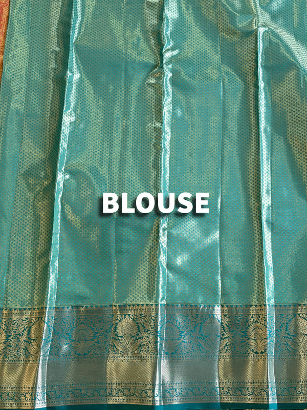The Mridula Vilasa: Peach-Coral & Sea Green Kanchipuram Tissue Silk Saree