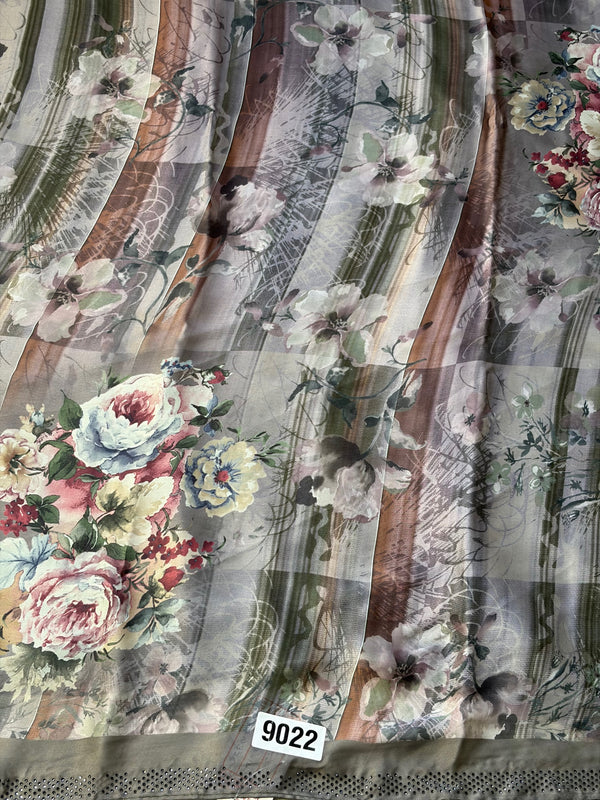 The Tuscan Bloom: Taupe Grey Printed Italian Silk Saree