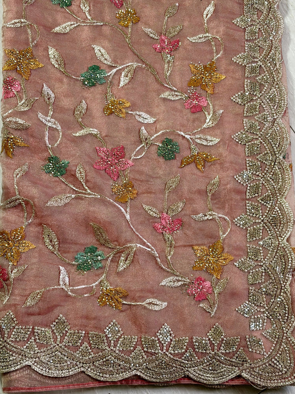The Pastel Meadow: Nude Peach Drape with Scalloped Borders & Multi-Color Floral Hand-Embroidery