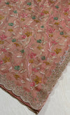The Pastel Meadow: Nude Peach Drape with Scalloped Borders & Multi-Color Floral Hand-Embroidery