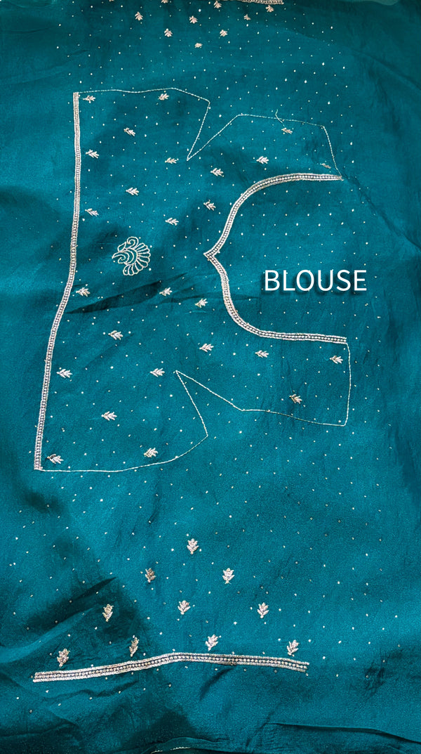 The Peacock Gala: Deep Teal Drape with Ornate Scalloped Cutwork Borders & Floral Buttis