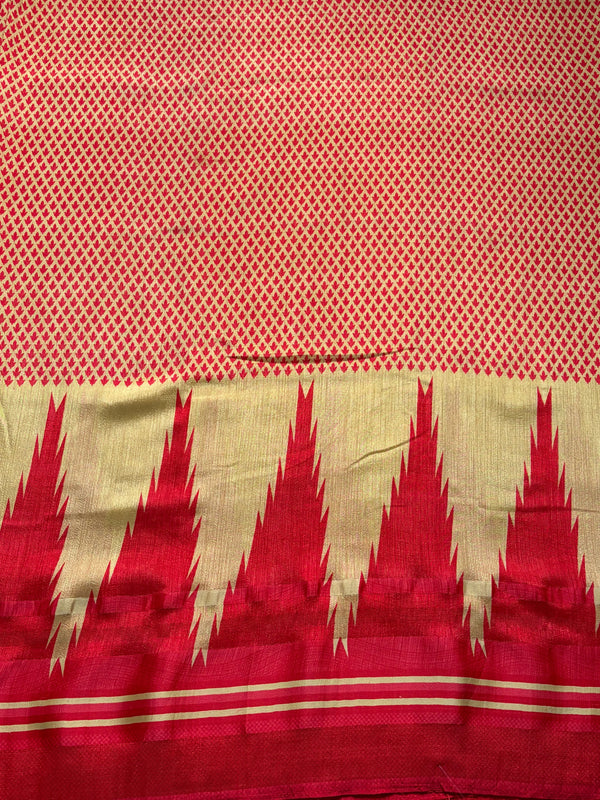 The Trishala Riva: Marigold Orange & Crimson Red Temple Printed Saree