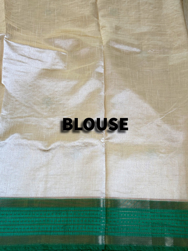 The Sharanya Vilasa: Cream & Teal Green Tussar Silk Cotton Saree