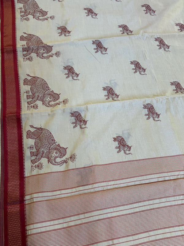 The Gaja Vilasa: Cream & Maroon Tussar Silk Cotton Saree
