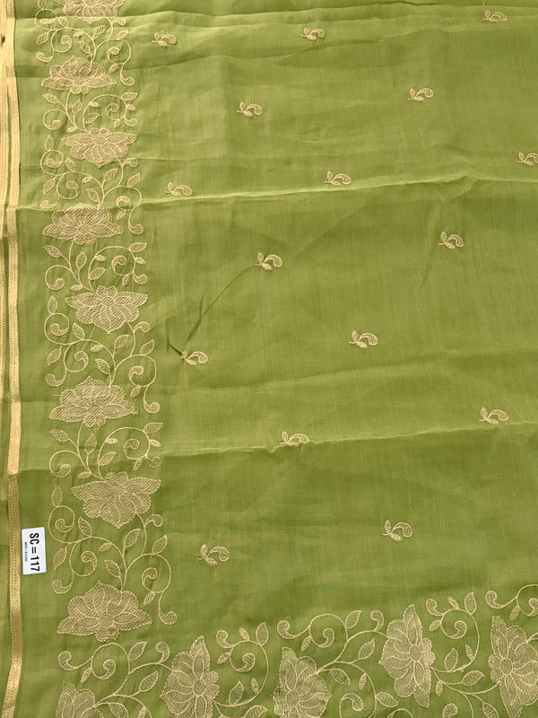 The Prakriti Riva: Pistachio Green Embroidered Cotton Saree