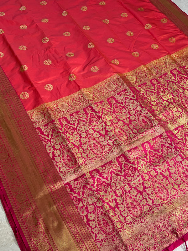 The Sunset Loom: Tangerine Orange Kanchipuram Saree with Golden Zari & Fuchsia Paisley Pallu