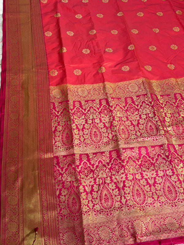 The Sunset Loom: Tangerine Orange Kanchipuram Saree with Golden Zari & Fuchsia Paisley Pallu