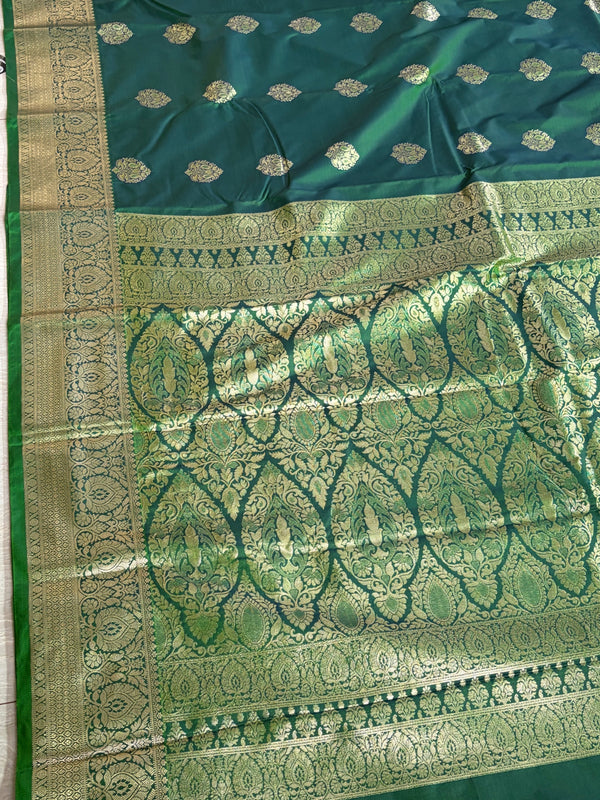 The Royal Loom: Emerald Green Kanchipuram Saree with Classic Golden Zari Butta Design