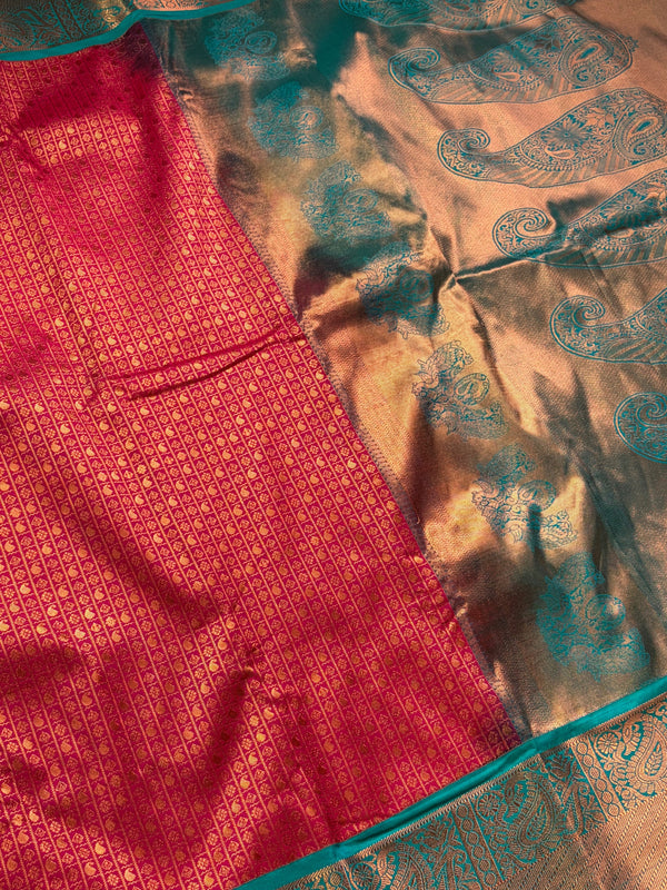 The Vermilion Loom: Burnt Red Kanchipuram Saree with Sea Green Contrast & Zari Brocade