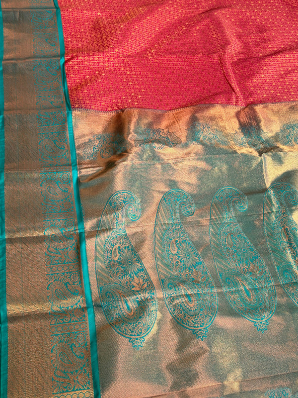 The Vermilion Loom: Burnt Red Kanchipuram Saree with Sea Green Contrast & Zari Brocade