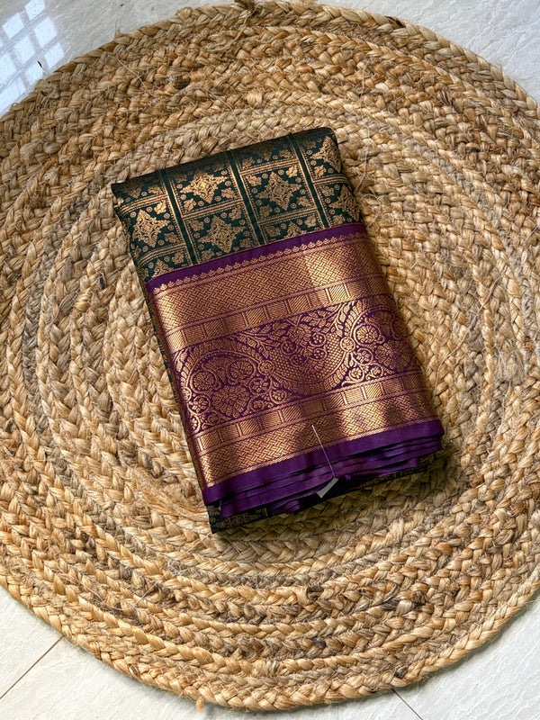 The Mridula Vilasa: Olive Green & Royal Purple Kanchipuram Silk Saree