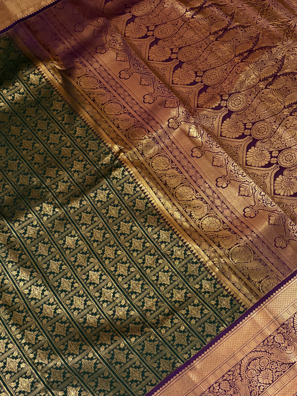 The Mridula Vilasa: Olive Green & Royal Purple Kanchipuram Silk Saree
