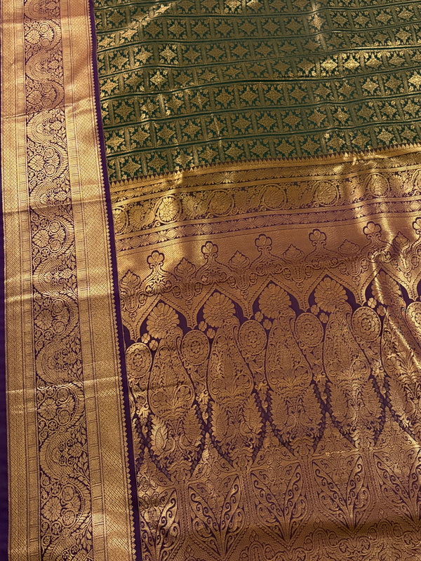 The Mridula Vilasa: Olive Green & Royal Purple Kanchipuram Silk Saree