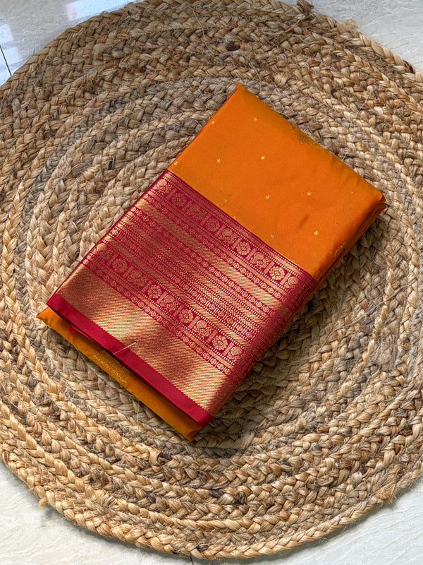 The Mangala Vilasa: Golden Yellow & Crimson Red Kanchipuram Silk Saree