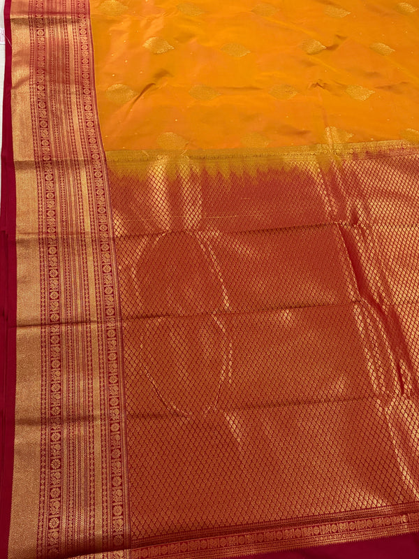 The Mangala Vilasa: Golden Yellow & Crimson Red Kanchipuram Silk Saree