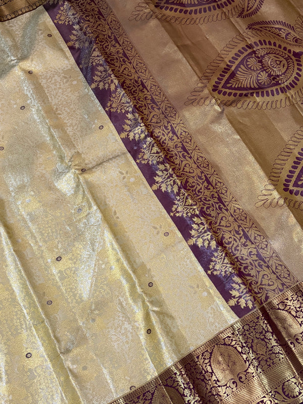 The Rukmini Vilasa: Champagne Gold & Plum Wine Kanchipuram Tissue Silk Saree