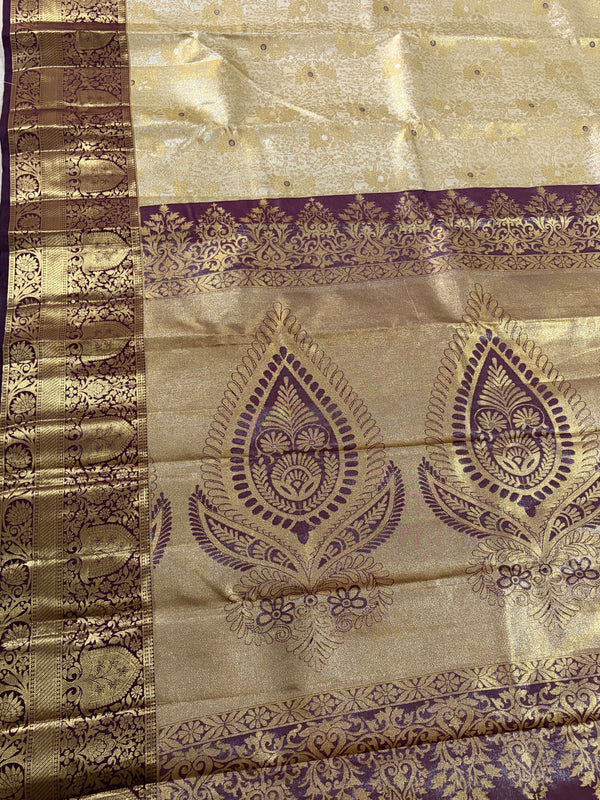 The Rukmini Vilasa: Champagne Gold & Plum Wine Kanchipuram Tissue Silk Saree