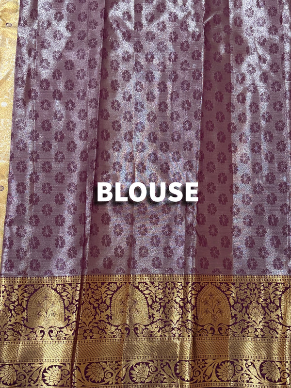 The Rukmini Vilasa: Champagne Gold & Plum Wine Kanchipuram Tissue Silk Saree