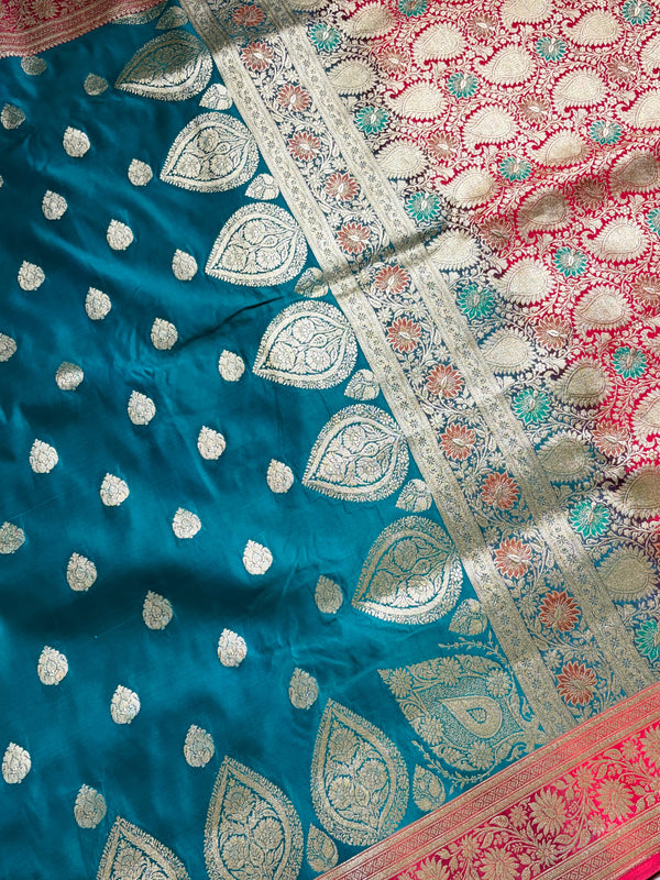 The Mandira Mayura: Teal Blue & Crimson Banarasi Silk Saree