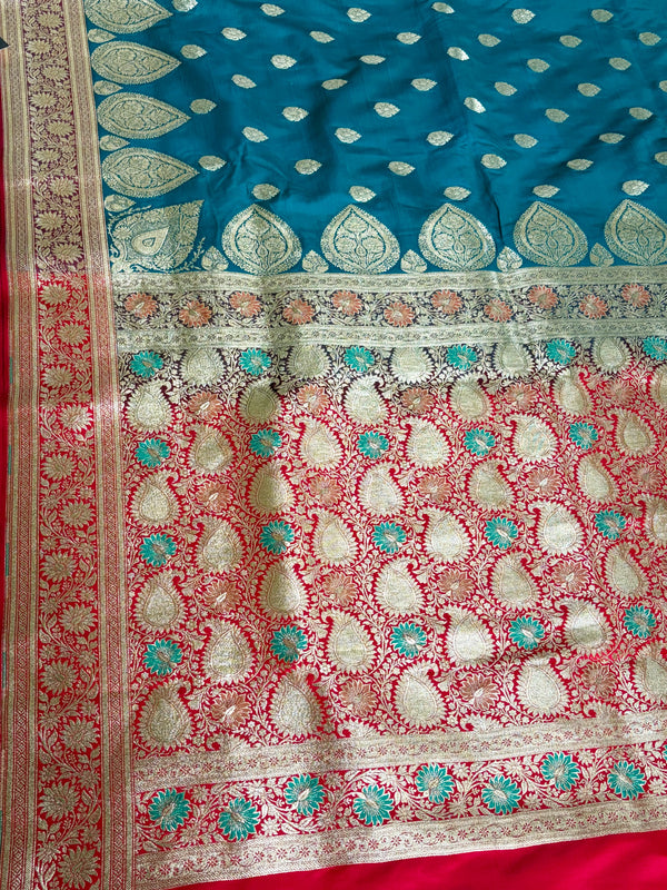 The Mandira Mayura: Teal Blue & Crimson Banarasi Silk Saree