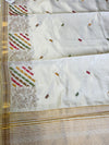 The Ivory Mayura: Ivory Tussar Cotton Silk Saree With Multi-Color Pastel Embroidery