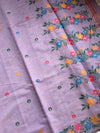 The Lavender Tarang: Pastel Mauve Linen Saree With Multi-Color Floral Weaving