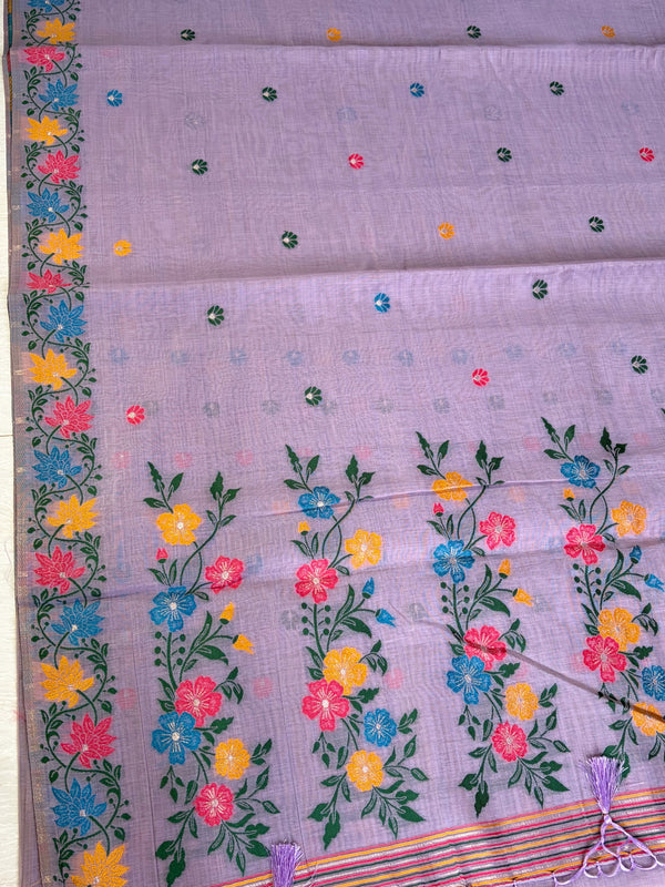 The Lavender Tarang: Pastel Mauve Linen Saree With Multi-Color Floral Weaving