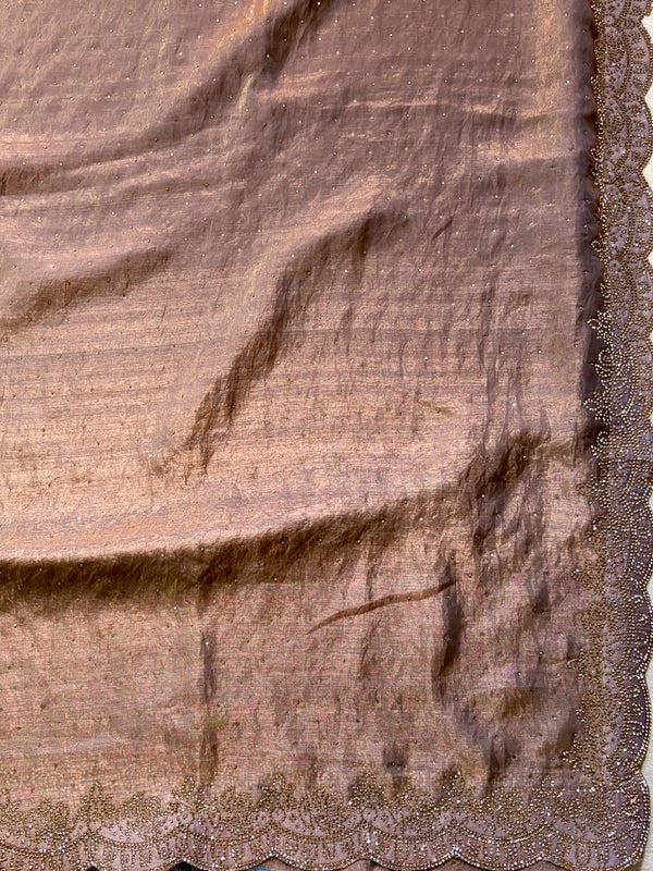The Alvira Riva: Smokey Taupe Scalloped Embroidered Saree