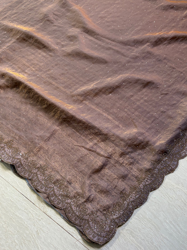 The Alvira Riva: Smokey Taupe Scalloped Embroidered Saree