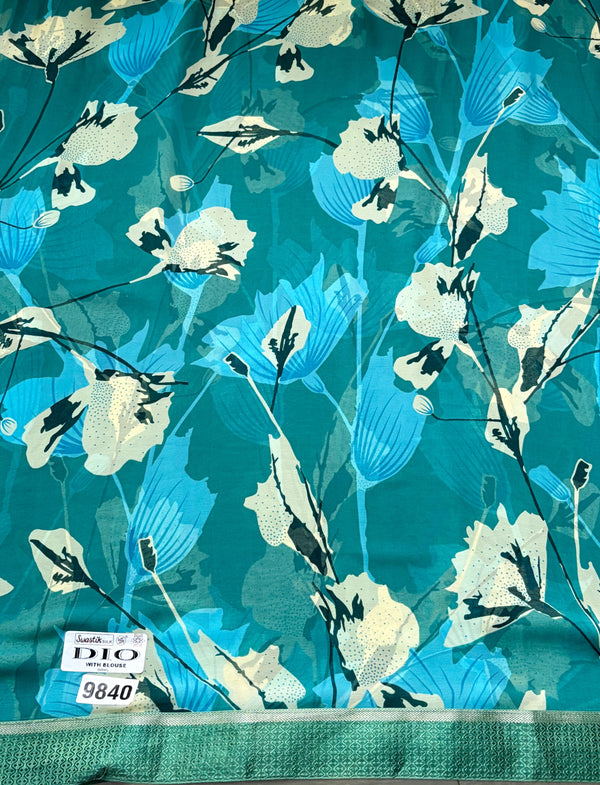 The Tarini Riva: Ocean Teal & Sky Blue Floral Printed Saree