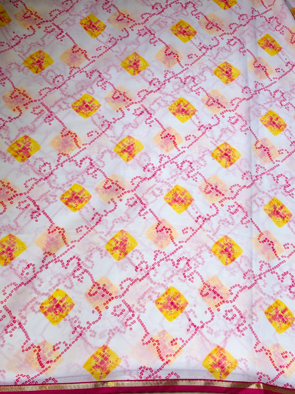 The Gulabi Jaal: Ivory & Rani Pink Bandhani Inspired Geometic Printed Saree
