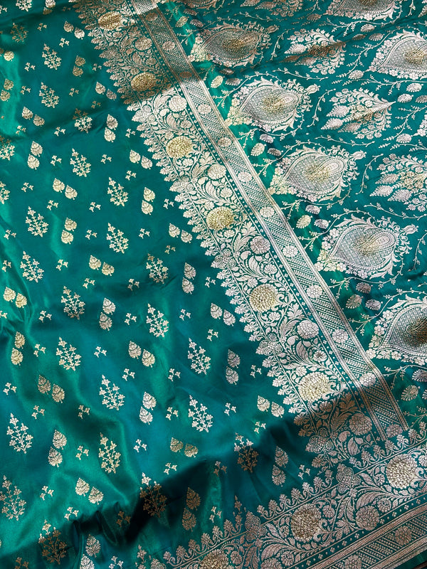The Varanasi Garden: Deep Teal Banarasi Kanti Saree with Classic Golden Zari Floral Buttis
