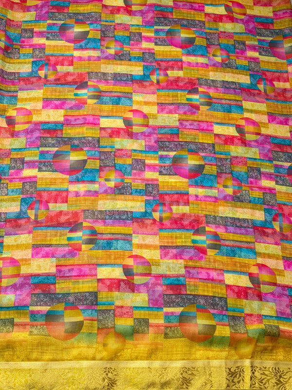 The Chitralekha Riva: Mustard Yellow Mosaic Abstract Printed Saree