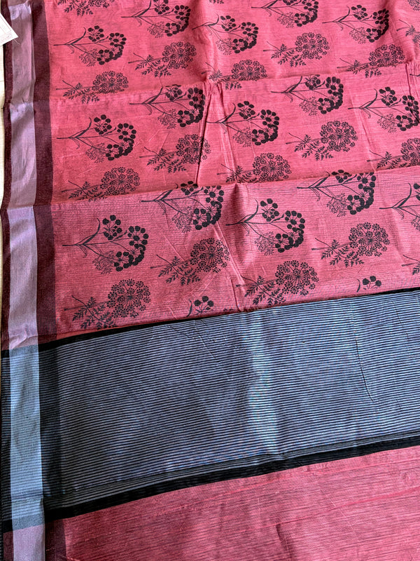 The Mridula Riva: Rust Terracotta & Slate Grey Printed Cotton Saree