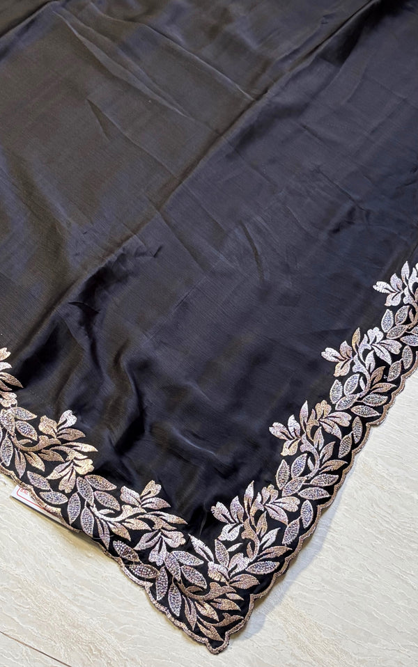 The Midnight Ebony: Onyx Black Saree With Silver Hand-Worked Border