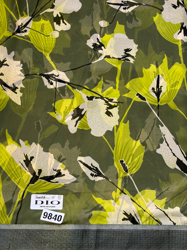 The Olive Aranya: Meadow Green & Sage Botanical Printed Saree
