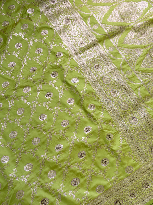 The Vasundhara Vilasa: Chartreuse Green & Antique Gold Silk Saree
