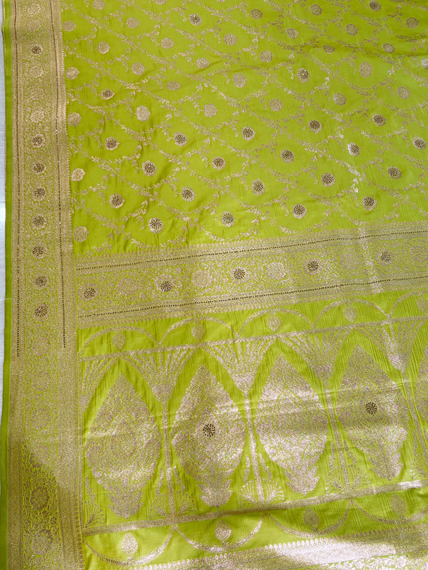 The Vasundhara Vilasa: Chartreuse Green & Antique Gold Silk Saree