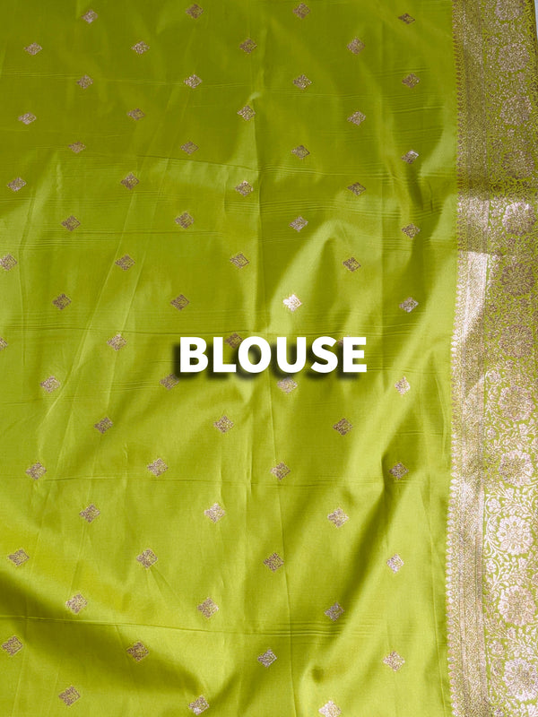 The Vasundhara Vilasa: Chartreuse Green & Antique Gold Silk Saree