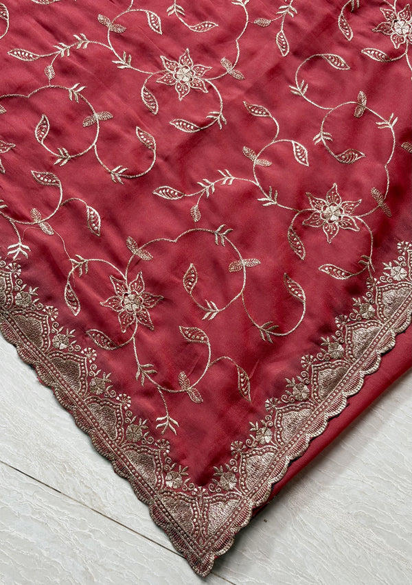 The Tanvi Lavanya: Rust Terracotta Embroidered Georgette Saree