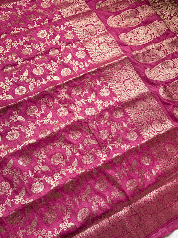 The Royal Slub: Magenta Raw Silk Saree with Antique Golden Zari Floral Jaal