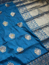 The Indigo Loom: Prussian Blue Raw Silk Saree with Classic Golden Zari Butta Design