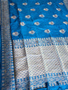 The Indigo Loom: Prussian Blue Raw Silk Saree with Classic Golden Zari Butta Design