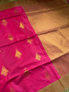 The Magenta Glow: Rani Pink Satin Silk Saree with Olive-Accent Zari Border & Temple Buttis