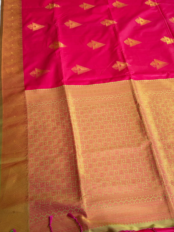 The Magenta Glow: Rani Pink Satin Silk Saree with Olive-Accent Zari Border & Temple Buttis